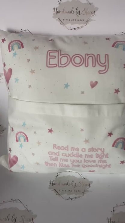 Personalised Book Cushion/Rainbow Hearts Pocket Cushion/Super Soft Custom Text Gift Idea for Daughter/Niece/Grandchild/Bedroom Decor