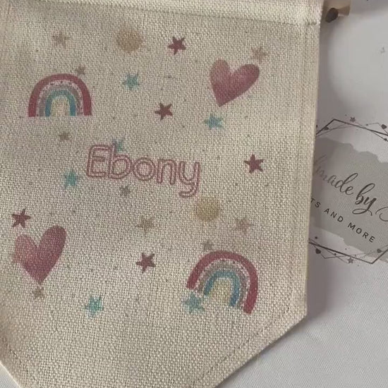 Personalised Linen Flag|Pink Rainbow Design|Editable Text|Nursery Bedroom Decor for Daughter|Niece|Grandchild|New Baby Gift|Baby Shower