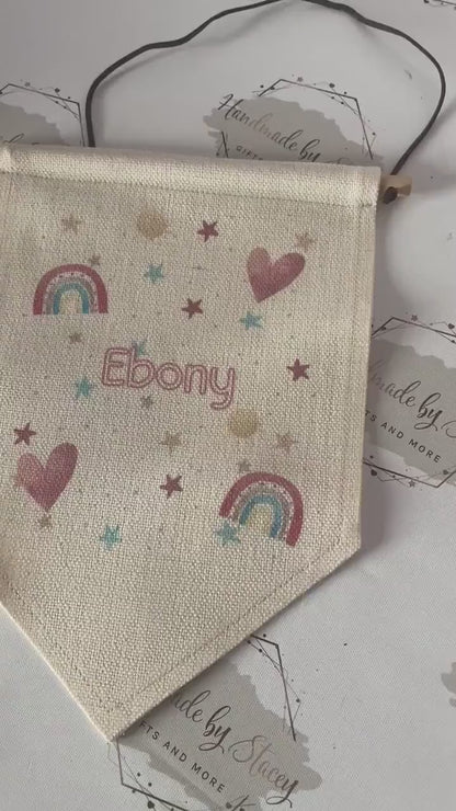 Personalised Linen Flag|Pink Rainbow Design|Editable Text|Nursery Bedroom Decor for Daughter|Niece|Grandchild|New Baby Gift|Baby Shower